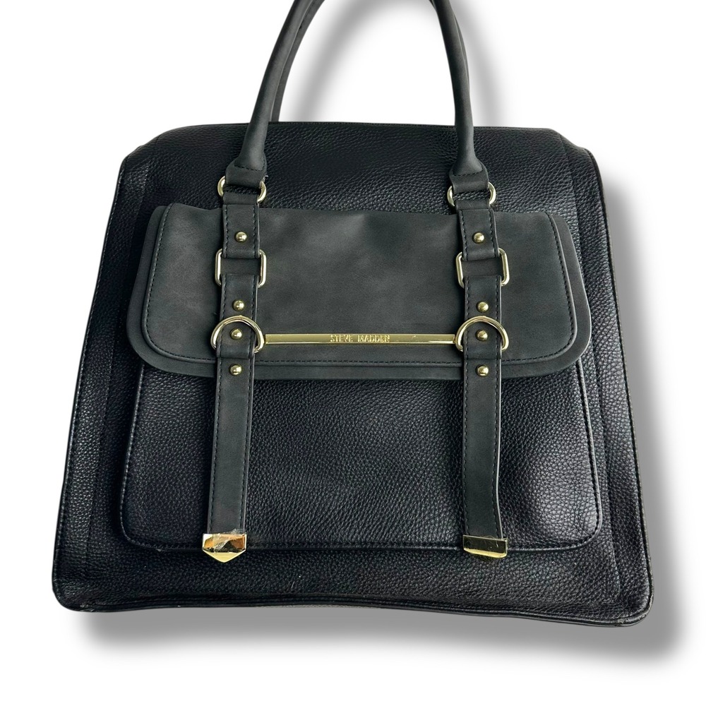 Steve Madden Black Pebbled Faux Leather Satchel Handbag Gold Hardware Work Bag